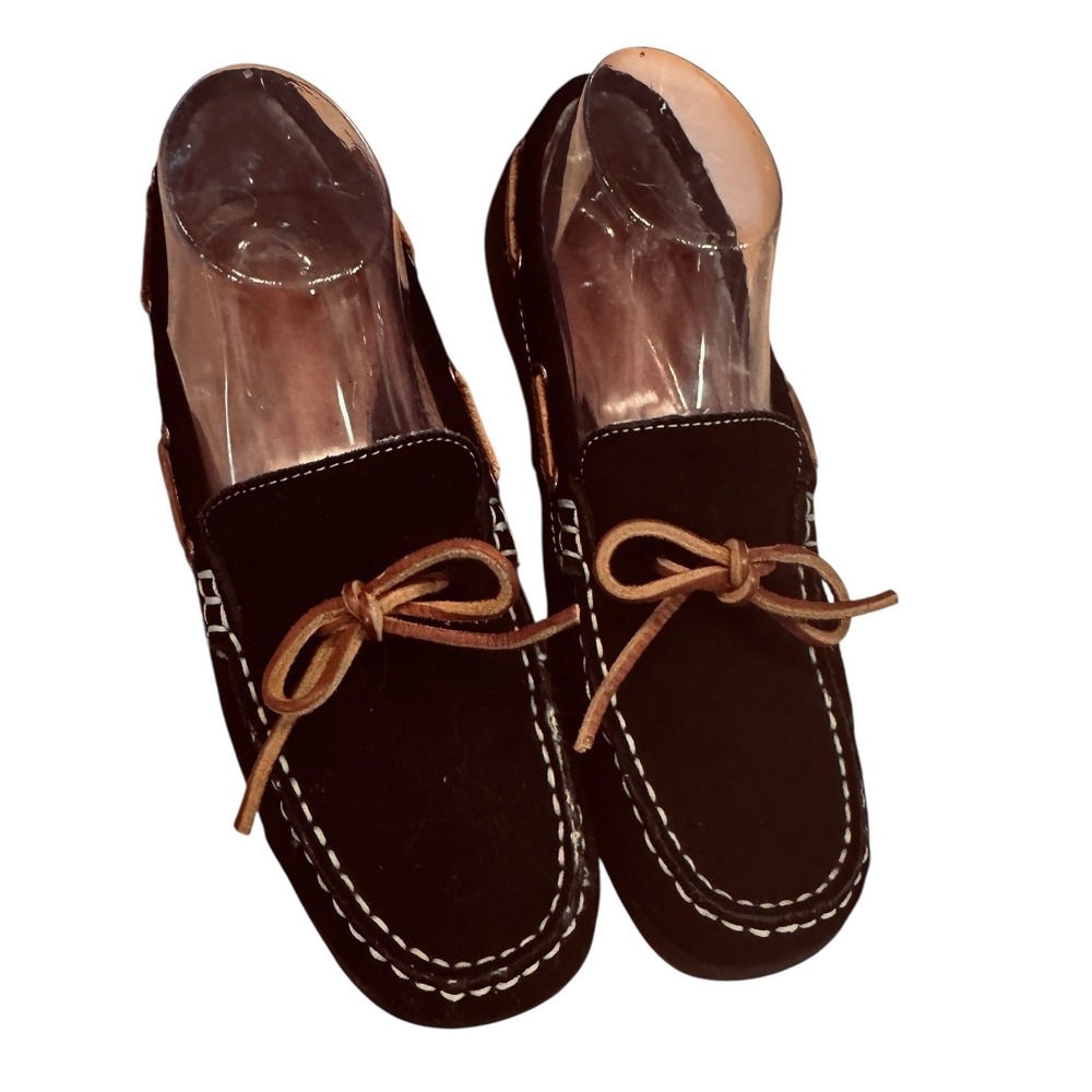 Lands End Black Suede Moc Toe Loafer Boat Shoes Women's 7.5 B‎ moccasins
